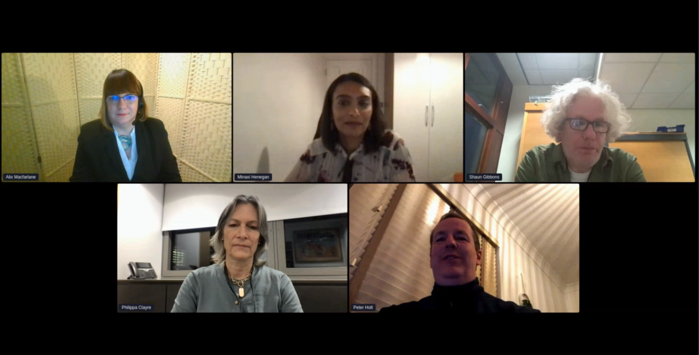 A screenshot of the last session of virtual Academy 2021 'Ask me anything', with five speakers, one of them being Alix Macfarlane.