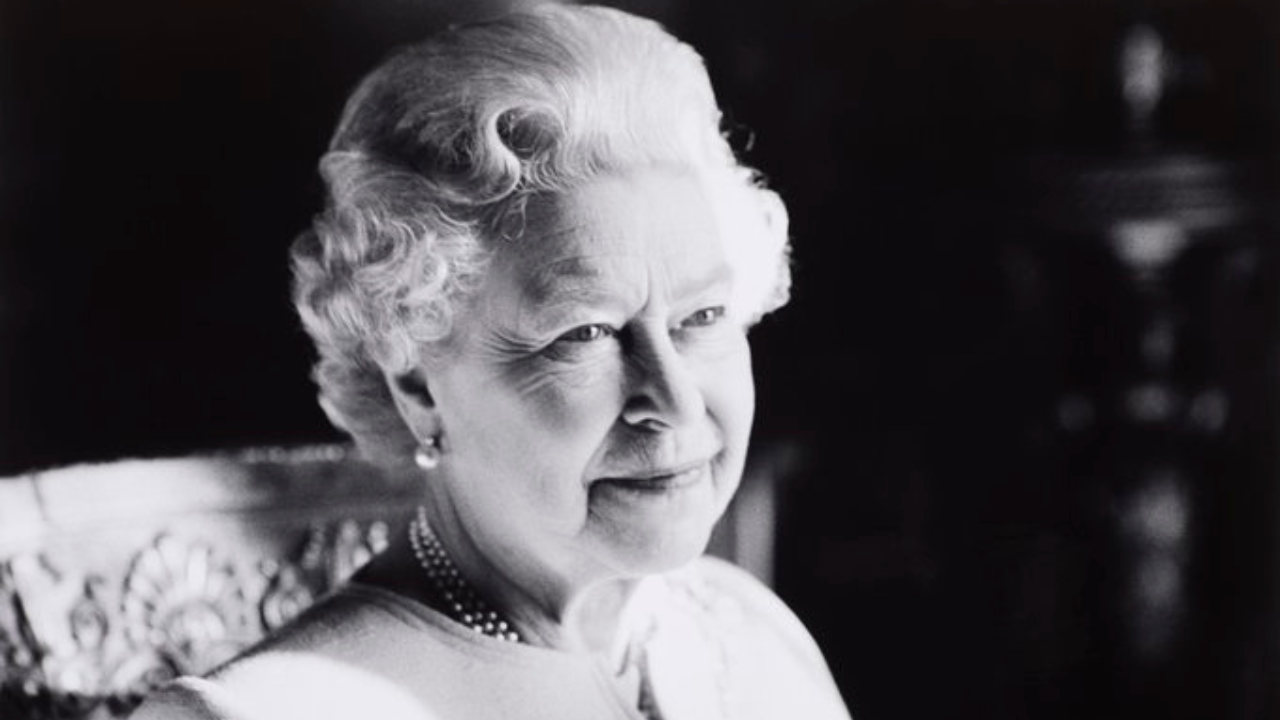 A black and white photo of HM Queen Elizabeth II