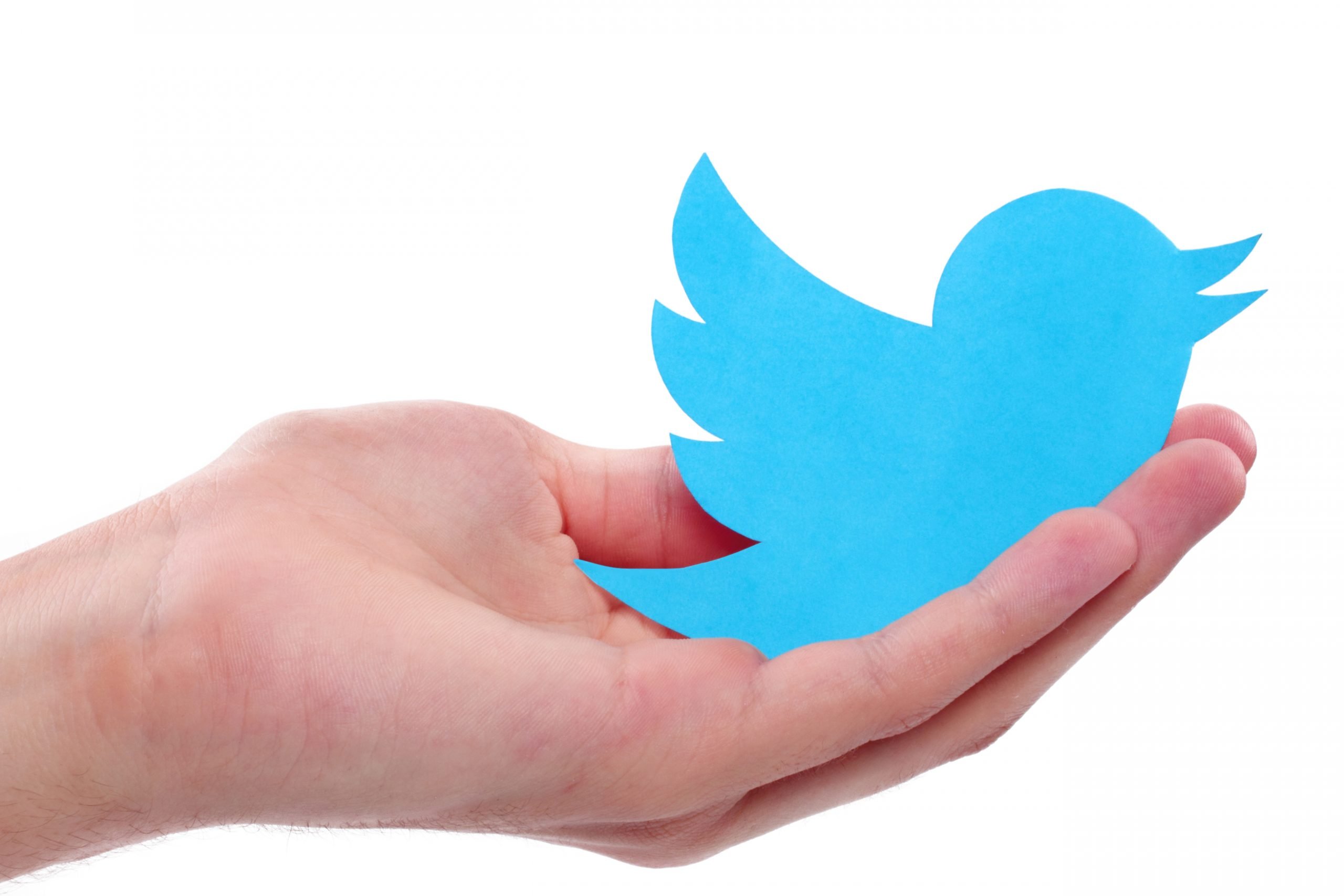 A hand holding a cut-out of the Twitter logo